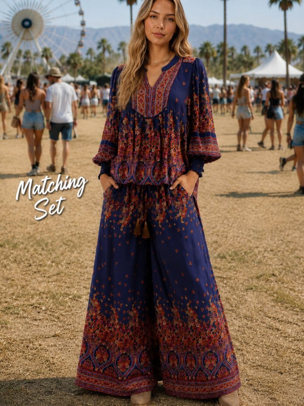 Easel Boho Floral Wide Leg Pants & Peasant Top Matching Set NWT Festival Resort